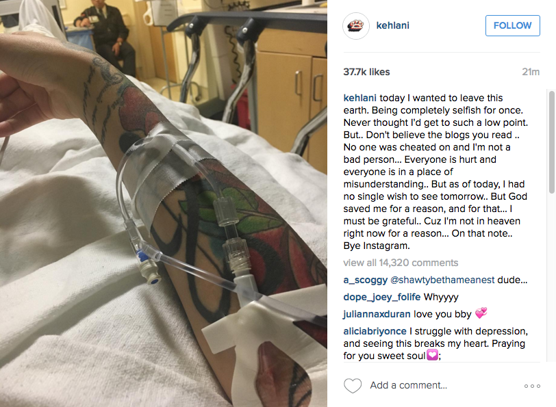 Kehlani shows her hospitalized due to her attempting suicide.
